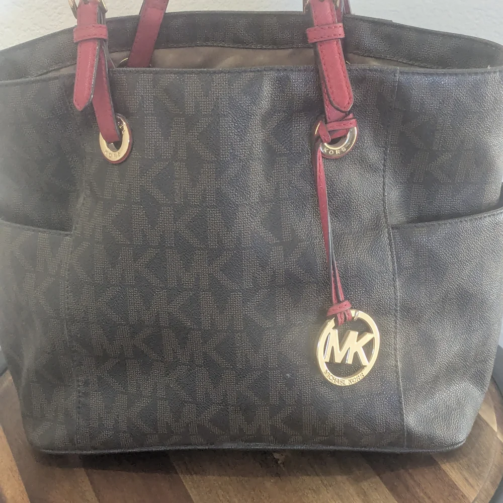 Michael Kors Brown Logo Tote with Red Accents